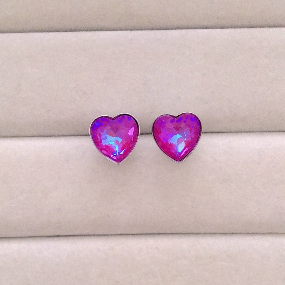 Hot Pink Aurora Borealis Crystal Heart Earrings - Picture 6 of 7